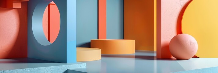 Poster - Abstract geometric shapes in pastel tones - A minimalist abstract composition with geometric forms in pastel colors on a dual tone background
