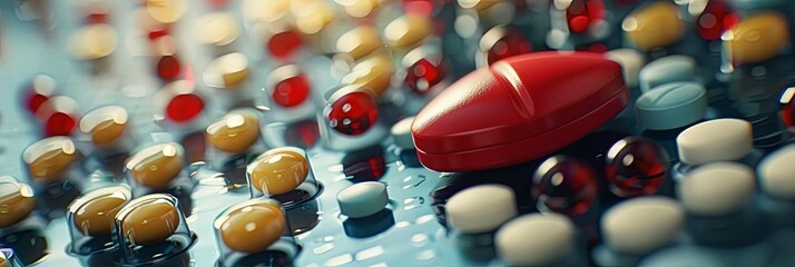 Poster - A close-up image of various heart medications, including pills and capsules, on a clean surface. The image highlights the importance of medication in heart disease management. Generative AI