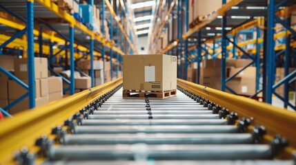 Poster - Warehouse with packages on a conveyor belt - Bright and organized warehouse interior with packages on conveyor belts, symbolizing logistics