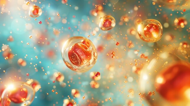 3D Rendering of vibrant cells and pills - Highly detailed 3D rendering of active cells and pill capsules in a dynamic, abstract environment