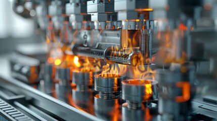 Poster - assembly line with robotic arms and fire - robotic manufacturing line with machinery and fiery eleme