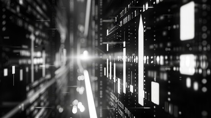 Poster - Futuristic server room with lights - The monochromatic image presents a server room with light trails symbolizing data transfer and speed of information
