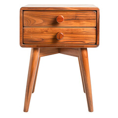 Mid-century modern wooden nightstand with two drawers and tapered legs isolated on transparency background, PNG cut out, ideal for bedroom storage and decor.