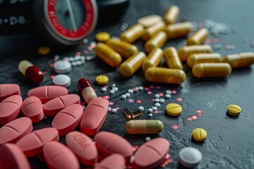 Poster - A close-up of different types of heart medications, including pills and capsules, against a dark background. Generative AI