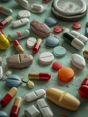Poster - Various heart medications, including pills, capsules, and a heart rate monitor, are arranged on a clean surface. Generative AI