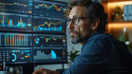 Wall Mural - A photographic style of a financial analyst examining stock market trends on a large monitor, contemporary office, natural light, concentration, tidy desk with office supplies.