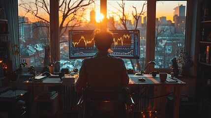 Wall Mural - A photographic style of a financial analyst examining stock market trends on a large monitor, minimalist modern office, natural light from large windows, analytical expression, coffee cup on the desk.