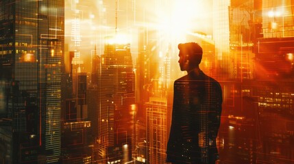 Wall Mural - Double exposure of a businessman in city building with orange sunbeam