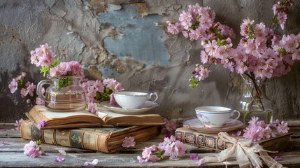 Poster - Vintage floral background with pink flowers old books and tea cups on rustic table