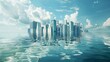 © Preecha - A highly detailed photograph of a city submerged in water with the earth's image reflected in the water, symbolizing the rising sea levels due to global warming, ultra-sharp and clear