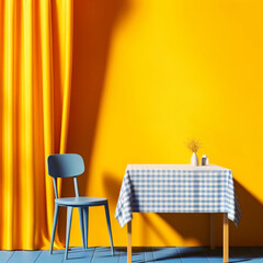 View of bright yellow restaurant or cafe table with two chairs over yellow copy space background. Concept of eating out.