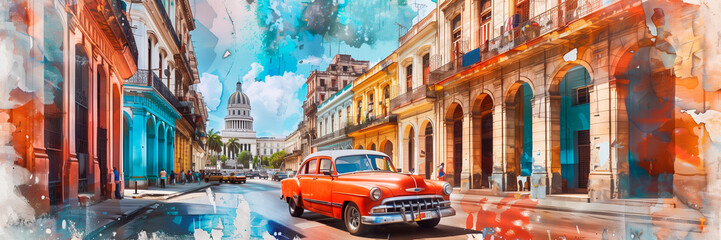 Havana city in watercolor style. with typical Cuban vehicle. image and traditional, travel concept. vacation. tourist destination. Retro illustration