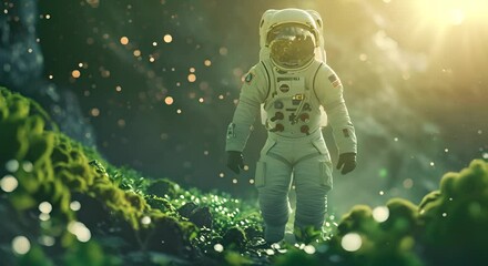 Wall Mural - astronaut walking on a planet growing green plants, with a background of bokeh particles, with a technology and nature theme