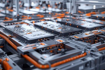 Step into the forefront of sustainable mobility with studio isolate shots showcasing the mass production assembly line of battery cells for electric vehicles.