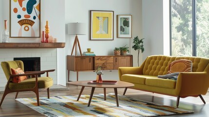 Retro Charm Reviving 1960s Living Room with Midcentury Modern Furniture and Decor in a Medium-sized Space
