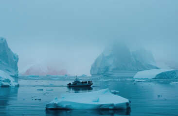 A small boat with people on it is surrounded by icebergs in the ocean, creating an icy and cold scene in beautiful colors