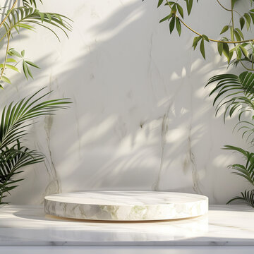 Podium background display bamboo product 3D platform cosmetic plant beauty. Podium white background display green leaf shadow marble stand presentation nature space empty scene stone fresh light.