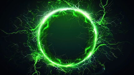 A green circle with lightning bolts surrounding it on dark background