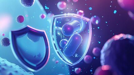 Poster - Capsules inside shield surrounded by glowing particles 3d rendering image. Advanced medical technology background wallpaper colorful realistic. Medicine innovation concept idea