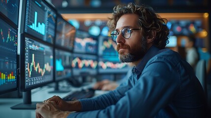 Wall Mural - A photographic style of a financial analyst reviewing various charts and graphs on a computer screen, modern office setting, focused expression, multiple monitors, bright daylight through large window