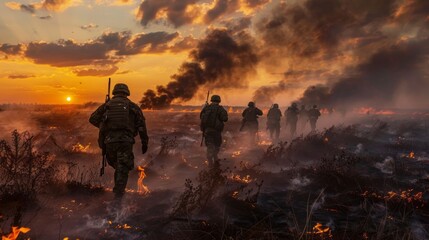 A group of soldiers are walking through a field of fire