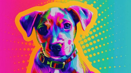 Colorful puppy with funky accessories, bright neon background, pop art style