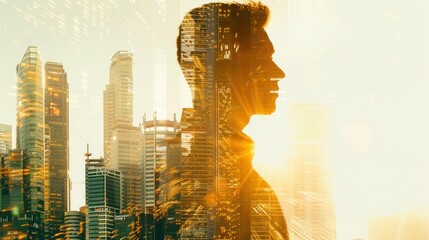 Wall Mural - Double exposure of a businessman in city building with orange sunbeam