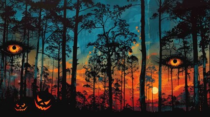 Wall Mural - A spooky forest sunset with a haunted evil glowing eyes of Jack O' Lanterns