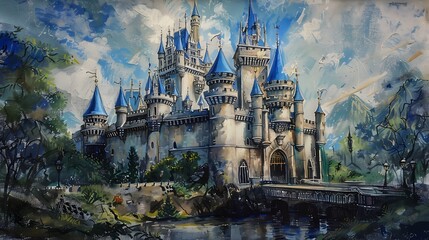 Wall Mural - Crayon drawing of a magical fairy tale castle with turrets and drawbridge on a sheet of paper, displayed on a stand, igniting imagination and wonder.