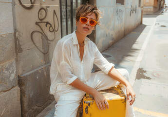 Sticker -  the model sitting on top of an urban yellow traffic bar in Barcelona, wearing white linen trousers and orange sunglasses with large frames