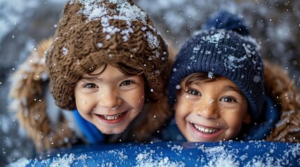  Friends playing in the snow, symbolizing joy and playfulness isolated on a winter landscape background, in the photorealistic, high resolution style of a professional photograph, with a closeup view