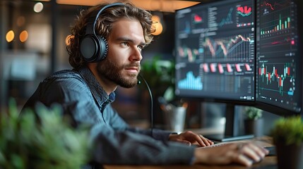 Wall Mural - A photographic style of a financial analyst wearing headphones, concentrating on financial analysis work on a computer, modern office setting, focused expression, multiple charts and graphs on the scr