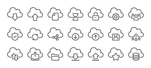 Wall Mural - cloud computing and storage editable stroke outline icons set isolated on white background flat vect