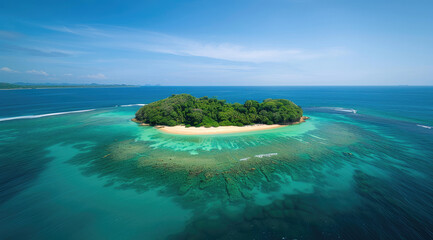 An aerial view of the tropical island, showcasing its white sandy beaches and clear blue waters.