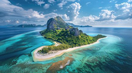Wall Mural - An aerial view of the tropical island, showcasing its white sandy beaches and clear blue waters.