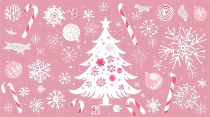 Sticker - Pink Christmas Tree with Candy Canes and Snowflakes