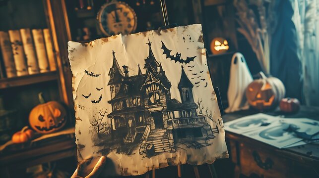 Hand-drawn picture of a spooky haunted house with ghosts and bats on a paper held by a stand, evoking a sense of mystery and Halloween.