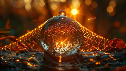 A detailed macro shot of a dewdrop on a spider web, capturing the delicate intricacies of the web and the reflections within the dewdrop, set against a warm, glowing bokeh background.