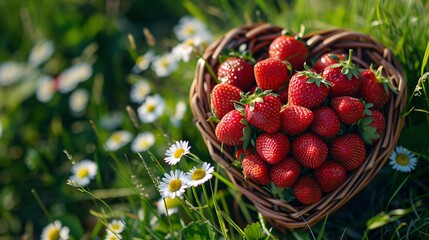 Wall Mural - top view of Heart basket with strawberries 