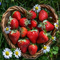Wall Mural - top view of Heart basket with strawberries 