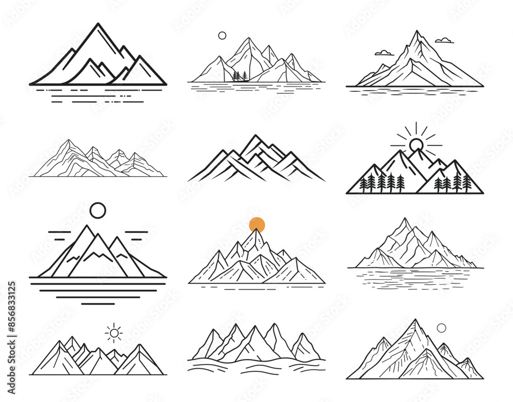A bundle of Line art mountain vector icon style Stock Vector | Adobe Stock