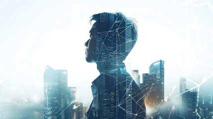 Wall Mural - Double exposure of a businessman in cityscape with network connection technology