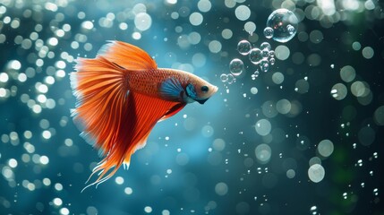 Wall Mural - A Betta fish blowing a bubble nest at the water surface, a natural behavior in a well-maintained tank.