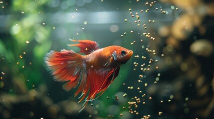 Poster - A Betta fish chasing after food pellets in a lively aquarium, showcasing its agility and appetite.