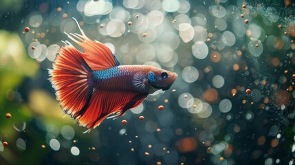 Poster - A Betta fish chasing after food pellets in a lively aquarium, showcasing its agility and appetite.