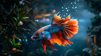 Poster - A Betta fish flaring its vibrant fins while swimming against a backdrop of aquatic plants.