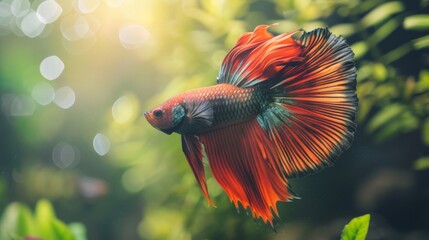 Poster - A Betta fish flaring its vibrant fins while swimming against a backdrop of aquatic plants.
