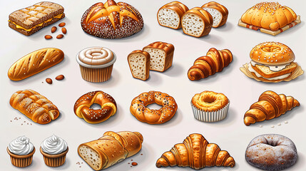 Delicious pastries and bread products lying with grain