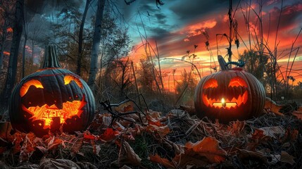Wall Mural - A spooky forest sunset with a haunted evil glowing eyes of Jack O' Lanterns