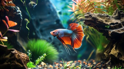 Poster - A Betta fish exploring a cave structure in an aquarium, adding depth and interest to the aquatic environment.